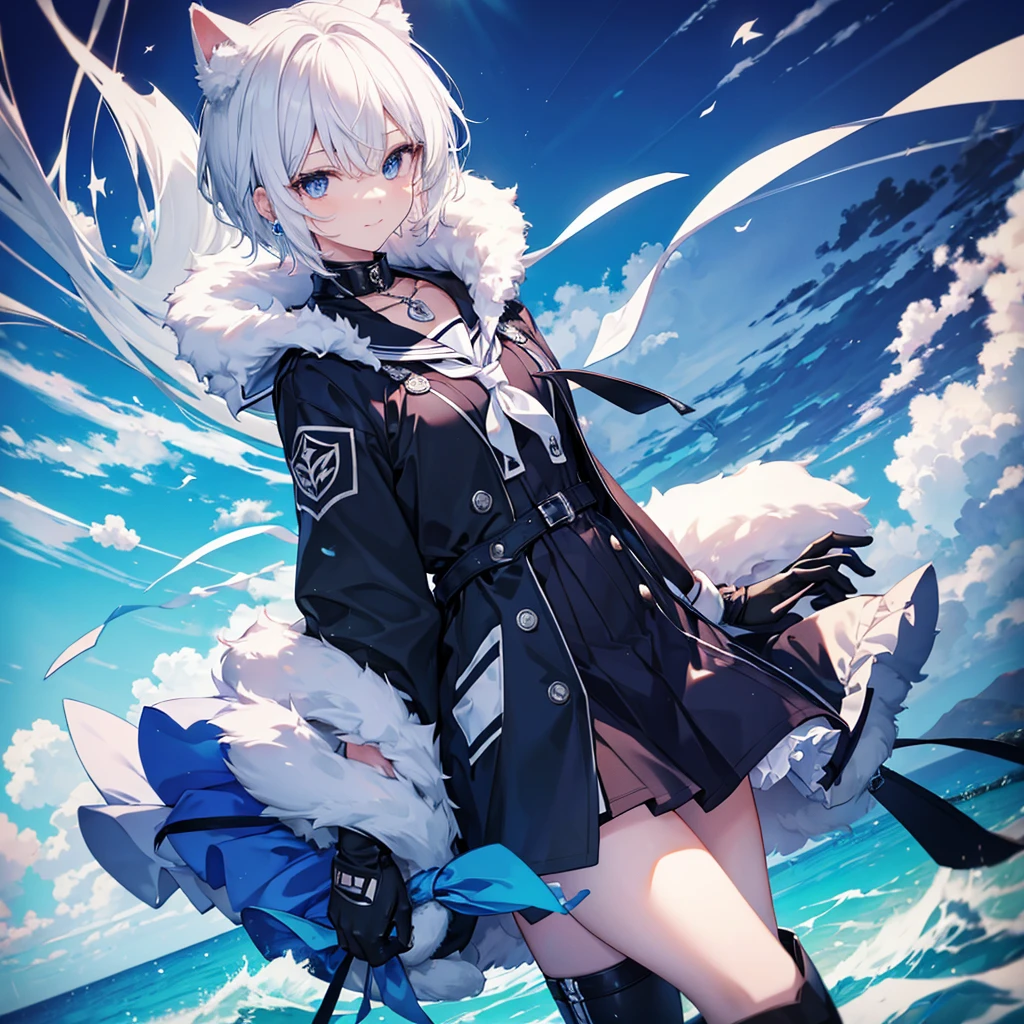 White Hair blue eyes short hair Have student Cat ear nice Blue Earrings necklace gloves beauty thin Sailor suit Put on a black coat Fantasy smile coastal sunset Fluffy hair