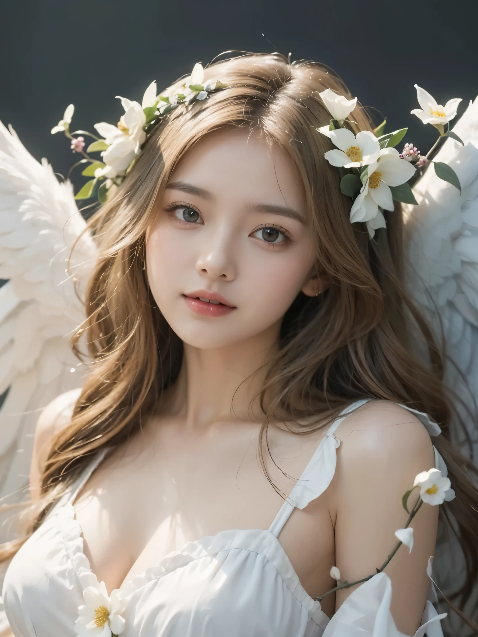 Woman with white wings and flowers in her hair, 美しいAngelic少女の, Beautiful angel, 美しいAngelic少女の肖像画, 美しいAngelic肖像画, Beautiful woman angel, Angelic少女, 美しいAngelic, Angelic羽を持つ少女, Angelic face, Angelic, Winged girl angel, 美しいAngelic羽, Beautiful digital artwork, Angelic, Angel themed