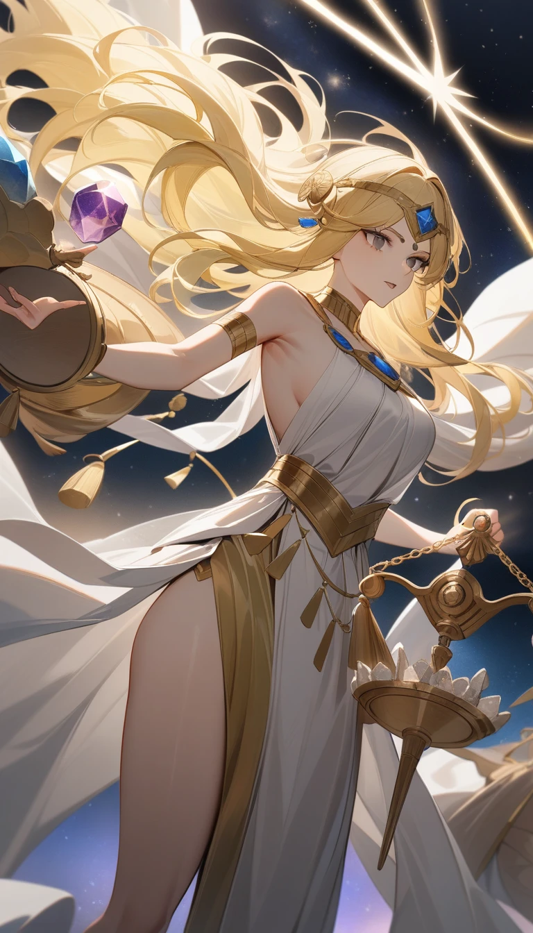 (Huang Li、high quality、Extremely detailed),Constellation - Libra goddess,Huge Libra,Woman holding a scale,Similar to Latin goodness,brave,capricious,Productivity,The face of enterprising and humanitarianism,Long yellow hair,Ancient Greek costumes、Wrap Dress,The background is the universe,Crystal black eyes(Eyes Details),Powerful appearance