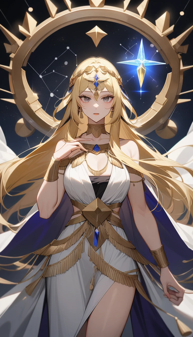 （Huang Li、high quality、Extremely detailed），Constellation - Libra goddess，Huge Libra，Woman holding a scale，Similar to Latin goodness，brave，capricious，Productivity，The face of enterprising and humanitarianism，Long yellow hair，Ancient Greek costumes、Wrap Dress，The background is the universe，Crystal black eyes（Eyes Details），Powerful appearance