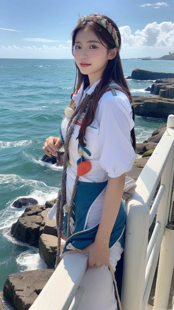 (lifelike, high resolution:1.3), Coastline Explorer:Woman wearing expedition gear decorated with white feathers,Ride a strong dolphin,Sailing on rough seas。She wears a headdress made of conch and coral.,Complementing the vastness of the ocean。An old lighthouse stands on the coast,Adding a bit of royal sailing legend to this sea area。The salty sea breeze wafts through the air,The sound of the waves adds a vibrant vibrancy to the scene.。