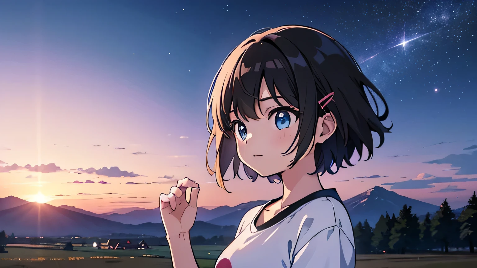 1girl, solo, blue eyes, (detailed eyes), flat chest, short hair, black hair, ((white t-shirt)), simple t-shirt, dress black pants, black socks, standing, upper body, looking down, ((masterpiece, illustration, best quality)) Girl standing in a snowy field with the sky in the background， (((Masterpiece: 1.5, The best quality, High resolution: 1.3, super resolution, super detailed, ultra detailed:1.3, Rich background:1.2))), ((Very far)),((Shiina Mahiru,  floating hair,  blunt bangs, cute hairpin, Crop above, oversized jacket,   Cosmos Sky,, Beautiful anime scene, makoto shinkai cyril rolando, Anime Art Wallpaper 4K, Anime Art Wallpaper 4K, anime sky, Anime beautiful peaceful countryside, High resolution, pink sky, Beautiful scene), (universe, Passing the train, magic realism, ((Makoto Shinkai Style)) ::0.8), [Artistic Atmosphere, ambiance:0.8, starry sky, hills, Snow Mountain , Soda water, Grass, trees, in it, stars, Low Angle of View, Specular light scattering, Details improvement, Citypop, 80s