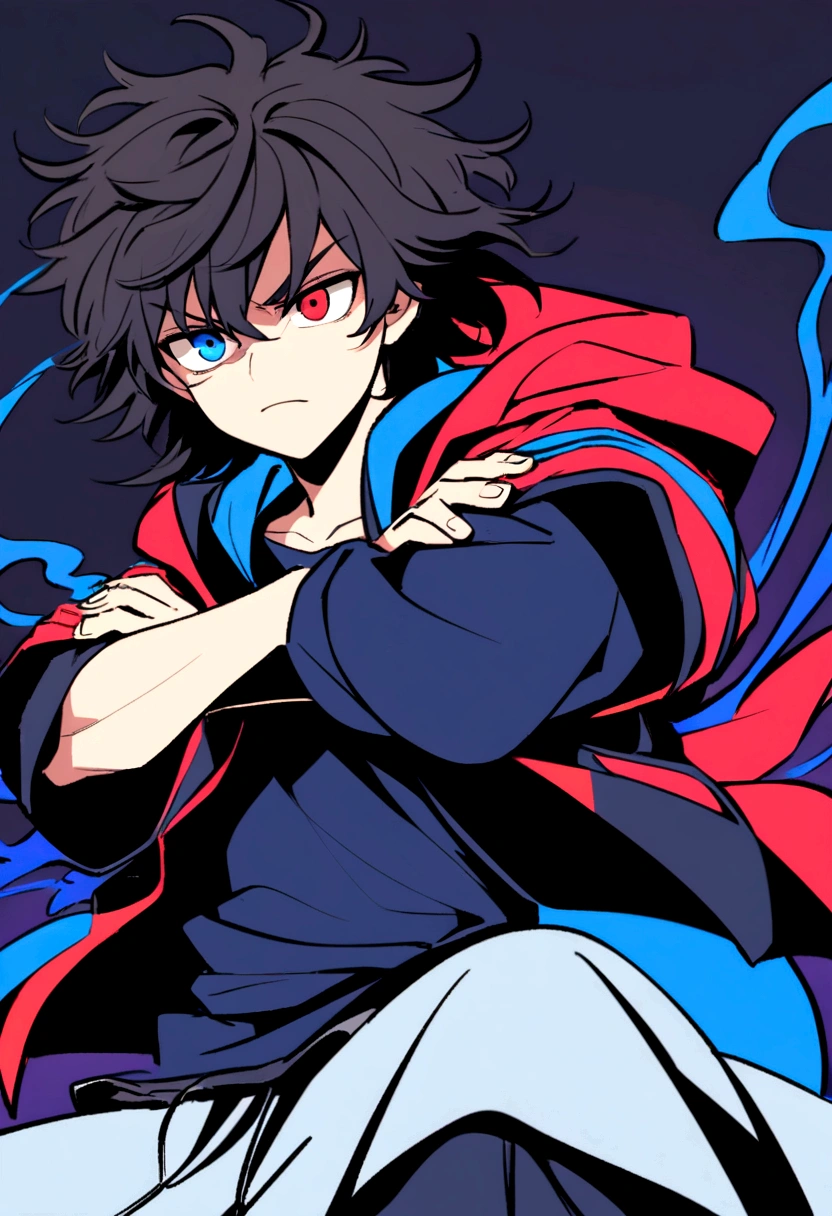  boy, Messy hair, Medium length hair, black hair with blue highlights, dark brown and blue eyes heterochromia, serious face, dark blue shirt short-sleeved loose jacket, black and very wide pants, red and black sneakers, crossed arms