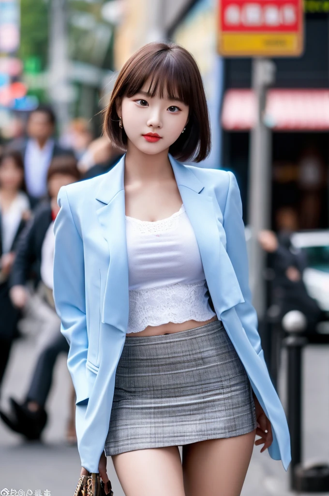 a 18 year old face of the most beautiful actress in the world, the perfect body proportions of a female, blazer is worn on formal shirt of female upper body, shirt skirt is worn on panties of female lower body, panties between bare legs under short skirt are seen just a little, the short hair cut of a female is just like male one, standing, at the city street, nsfw, best quality, highly detailed, masterpiece, ultra high res, photo realistic, 8k