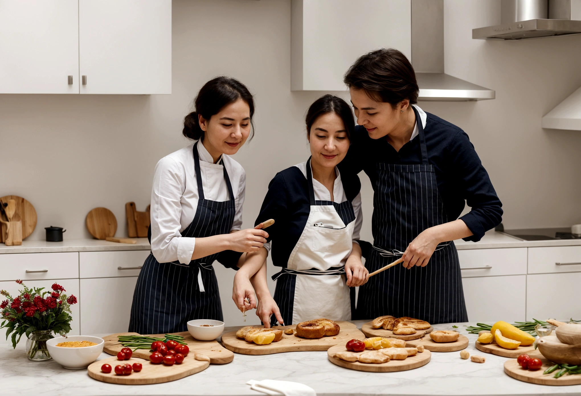 araffes and a woman and a are In the kitchen, cooking, Wearing an apron, In the kitchen里, photo, lifestyle, gourmet food, In the kitchen, French, , cooking show, happy , Husband, wife, son, children, European, shutter, healthy, photography, 营销photo, Mixed Art, Warm and convivial atmosphere