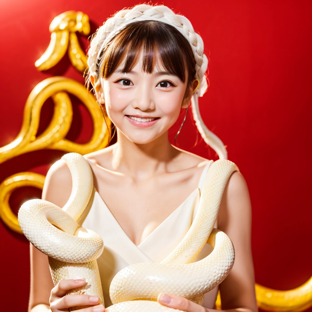 Looking straight ahead and smiling, Holding a large white snake in both hands, Gold Background, Ultra HD、128k、Masterpiece、A kindergarten girl、Five-year-olds, clavicle, RAW Photo、Big-eyed girl in a red dress、Long face, Professional Lighting、Japanese anime style,