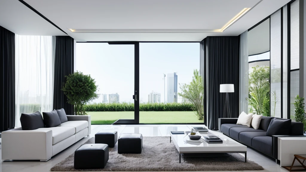 You are a famous interior designer、You have been asked to create a 3D image of a modern large room. Create a harmonious environment with modern and minimalist furniture. Including garden interior.