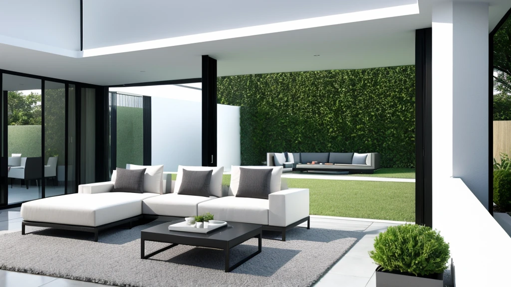 You are a famous interior designer、You have been asked to create a 3D image of a modern large room. Create a harmonious environment with modern and minimalist furniture. Including garden interior.