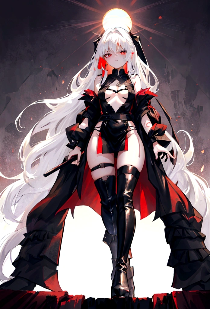 Girl, 20 years old, with long white hair down to below her waist, a serious yet tender expression, and red eyes. Her hair features black streaks. She wears antique-style clothing, a long black dress with a slit on the legs, and high black boots that almost reach her knees. Her power and background are related to shadows and darkness. dark escense, figth stance