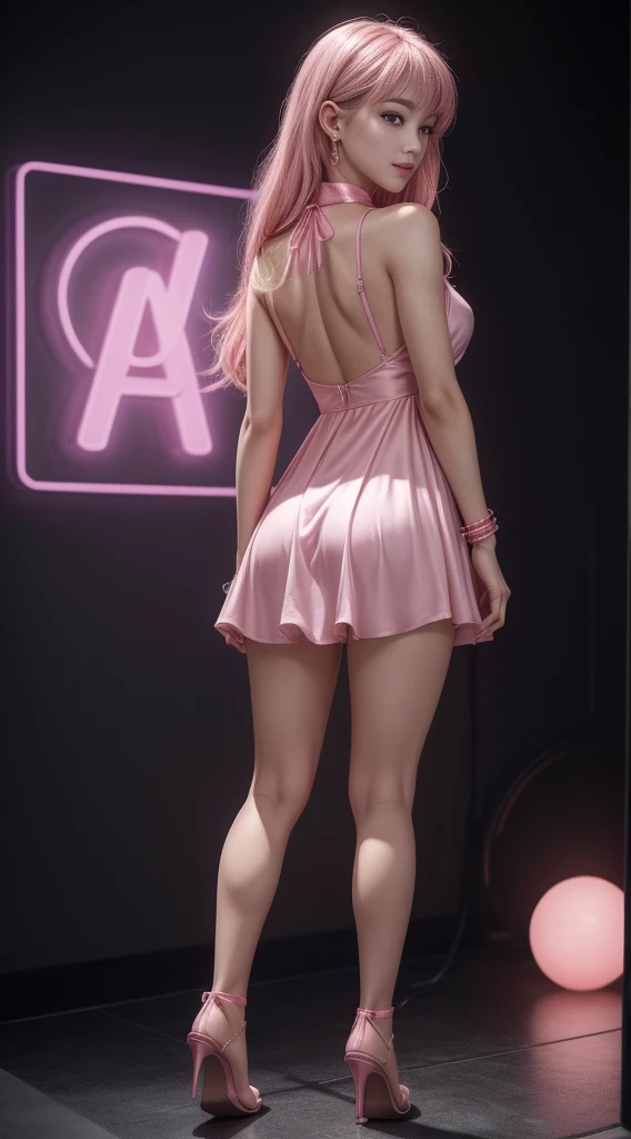 8k, Masterpiece, RAW photo, The best quality, detail:1.2), realistic photo, Extremely detailed 8k unified CG wallpapers, depth of field, cinematic light, Lens flare, ray tracing, (extremely beautiful face, Beautiful lips, Beautiful eyes), Cara de detail intrincado, ((Ultra detailed skin)) 1girll, In the dark, deep shadow, Pretty Korean girl, Kpop idol,(Very lean and lean muscular body:1.3), ((See the viewer)),(big smile), (Pink mini dress), (pink dress), (No panties), (Injection cuff) , (evening de la ciudad, (Neon light sign), (evening), Pretty Korean girl, earrings, bracelet, collar, sin pantys, light eyes, andante , (pale skin), Face forward, (large eyes), ((Full body shots)), (heels), Mini pink dress, Pink silk mini dress, No panties, (NSFW), Go back, rear shot