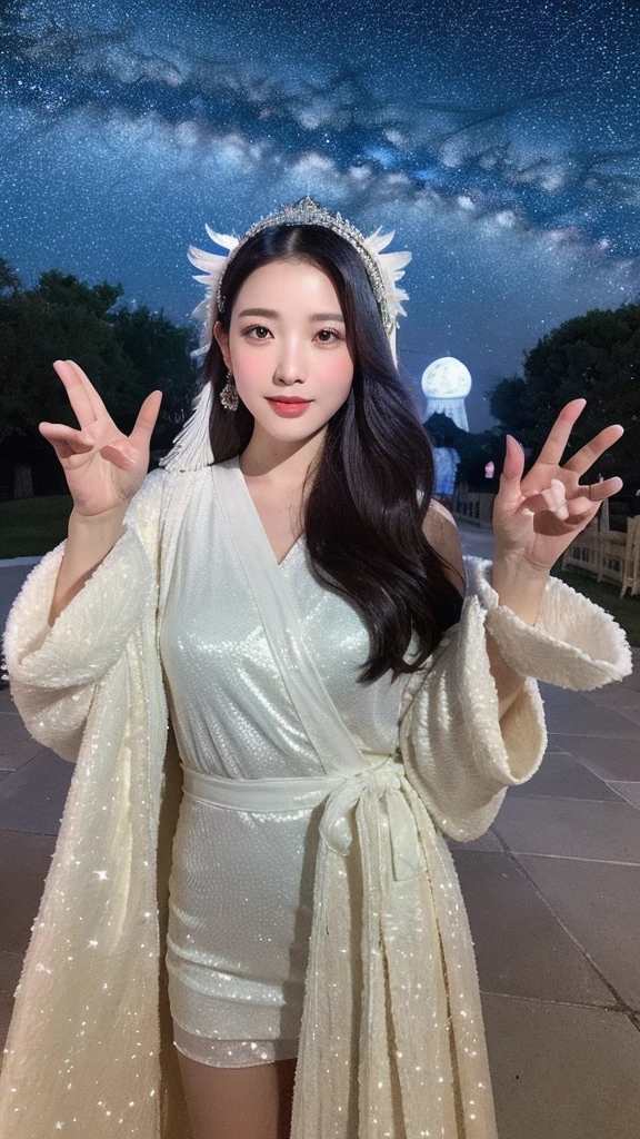 （lifelike， high resolution：1.3）， Star messenger in the night sky：A woman wearing a robe covered with white feathers，Ride a mysterious owl，Flying in the starry night sky。She wears a star-patterned headdress on her head.，Echoing the Milky Way。An ancient observatory stands beside，Adds a bit of the academic atmosphere of the palace。There is a slight chill in the night air，The bright stars add a romantic touch to the quiet night sky.。