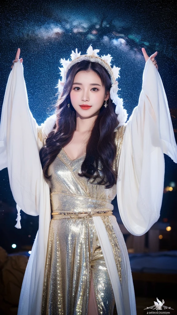（lifelike， high resolution：1.3）， Star messenger in the night sky：A woman wearing a robe covered with white feathers，Ride a mysterious owl，Flying in the starry night sky。She wears a star-patterned headdress on her head.，Echoing the Milky Way。An ancient observatory stands beside，Adds a bit of the academic atmosphere of the palace。There is a slight chill in the night air，The bright stars add a romantic touch to the quiet night sky.。