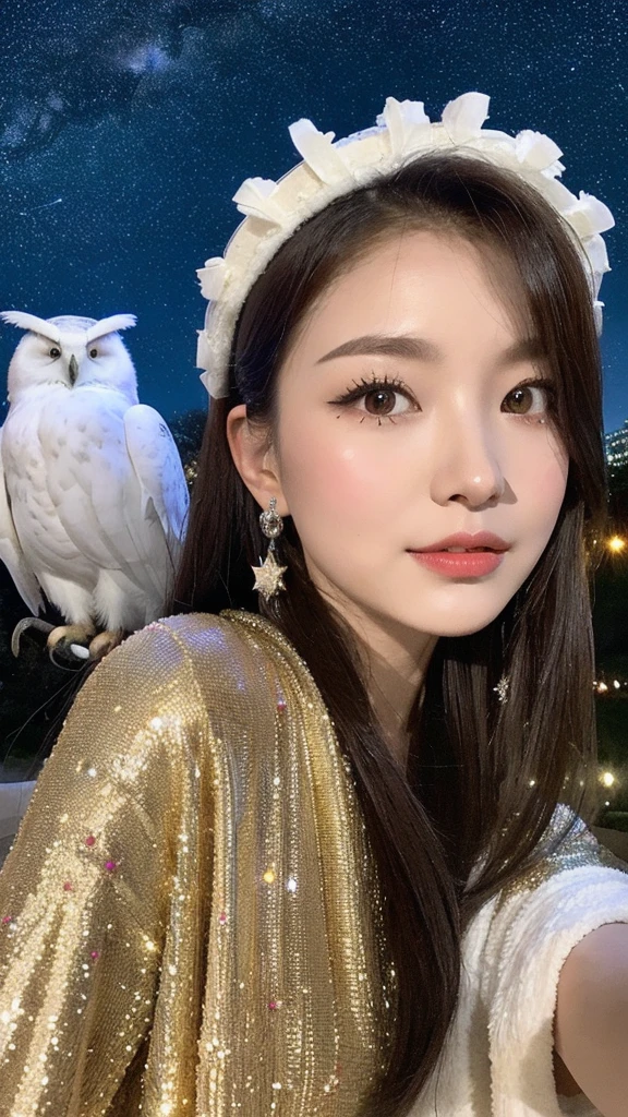 （lifelike， high resolution：1.3）， Star messenger in the night sky：A woman wearing a robe covered with white feathers，Ride a mysterious owl，Flying in the starry night sky。She wears a star-patterned headdress on her head.，Echoing the Milky Way。An ancient observatory stands beside，Adds a bit of the academic atmosphere of the palace。There is a slight chill in the night air，The bright stars add a romantic touch to the quiet night sky.。