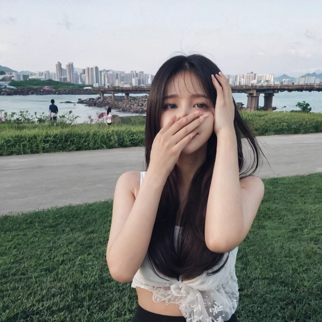 There is a beautiful Asian woman covering her face with her hands, Urzan, korean girl, Asian girl with long hair, beautiful girl, tumblr, beautiful south korean woman, Attractive girl, korean woman, Blackpink’s Jisoo, Asian girl, Chinese girl, beautiful young korean woman,The background is the scenery of Taiwan,background taiwan,