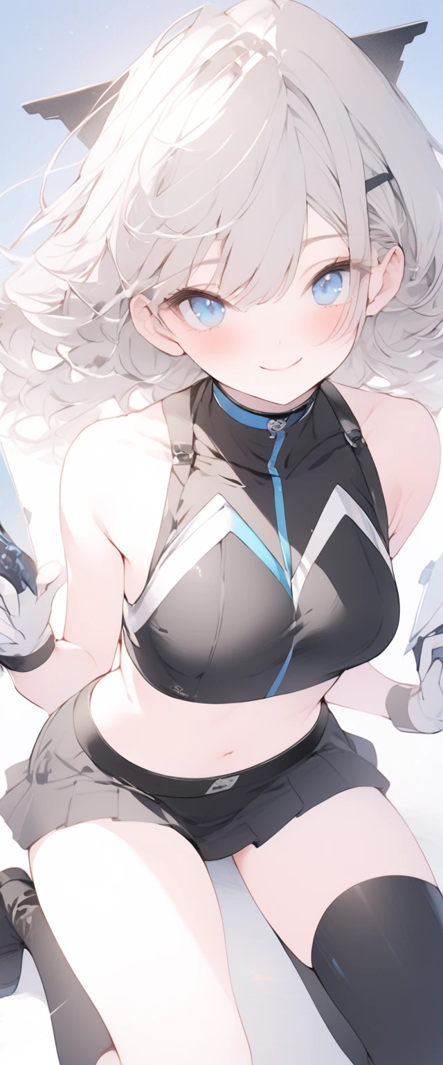 beautiful, masterpiece, Highest quality, anime, One girl, C Cup,Portrait Shot, View your viewers, Covered、Nagahime cut、nearby、Blue Eyes、art、、White hair,Blue streaked hair(2.0)、wallpaper、hairpin、Cute smile、Thighs、navel、Black and White_Open race queen、Blue-black_Gloves、Blue-black_Knee-high boots、、Cute、Blue-black_Short skirt、circuit、blue sky、Blue-black_mini skirt、Blue-black_Very short belted skirt、Sci-fi full harness(1.1)、Kneeling、
