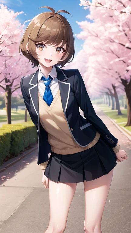 masterpiece, best quality, highres, hmza, short hair, antenna hair, brown eyes, , blue necktie, black jacket, open jacket, long sleeves, black skirt, arms behind back, leaning forward, smile, open mouth, standing, cherry blossoms, outdoors