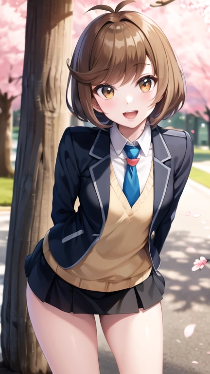 masterpiece, best quality, highres, hmza, short hair, antenna hair, brown eyes, , blue necktie, black jacket, open jacket, long sleeves, black skirt, arms behind back, leaning forward, smile, open mouth, standing, cherry blossoms, outdoors
