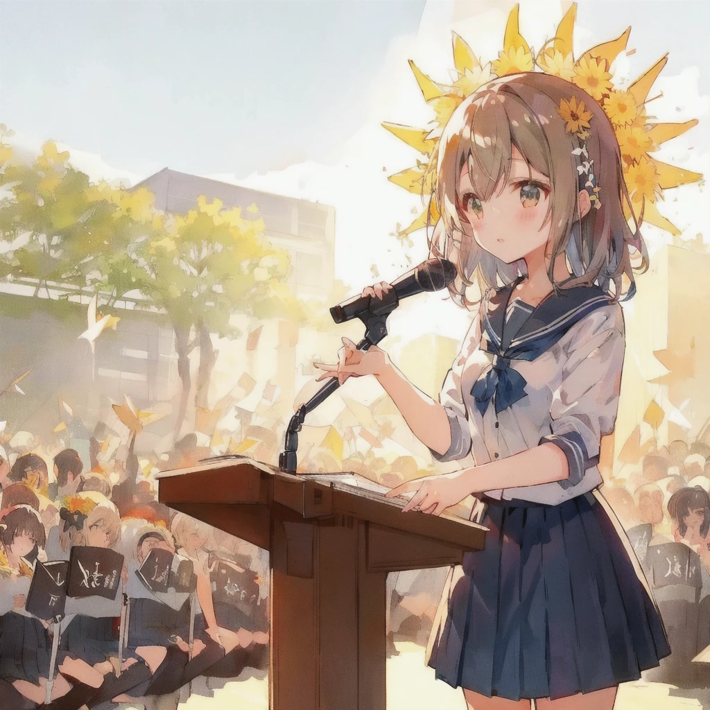 Anime girl speaking into a microphone in front of a crowd, make a speech, Beautiful anime school girl, everyone, Anime Moe Art Style, Kantai Collection Style, Cute girl anime visuals, Official Art, On pixiv話題, On pixiv, Beautiful sunflower anime girl, Hololive, wife, Anime Best Girl, Official Artwork, anime wife