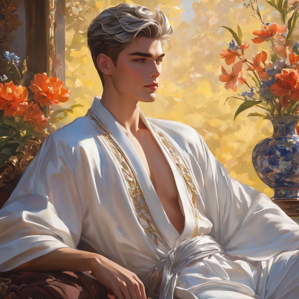 In this breathtaking artwork, miniature doll-sized male models, inspired by the iconic supermodels Sean O’Pry and Lucky Blue Smith, take center stage in a vibrant scene reminiscent of a Ken doll fantasy. With jointed doll features and porcelain-like skin, these charming figures boast an irresistible blend of sophistication and natural beauty.
Sporting short silver-gray undercut hairstyles, Standing adorned in a white top t-shirt with sweatpants with semi bulge, an embroidery-detailed kimono robe, he exudes sophistication and elegance against the backdrop of a luxury bedroom. The room is adorned with 1915 Oriental theme, surrounded by luxury exotic furniture, velvet drape curtains, and colorful wildflowers, creating a vibrant and enchanting atmosphere.
Captured from a dynamic angle, over shoulder look photo showcases the models amidst the meticulously arranged Employing three-point lighting and incorporating 3D animation shadows, the photographer enhances the models' features, resulting in an image of unparalleled realism and detail.
using a Canon EOS R6 and Sigma AF 24mm F1.4 EX DG HSM lens by Thomas Synnamon, the focus of the photo is on his captivating presence and the intricate details of the surroundings, Utilize natural soft lighting, casting gentle highlights and shadows that accentuate the contours of his face and body, The light creates a warm intimate atmosphere with a soft golden tone that enhances his skin,
With its dramatic composition and seductive lighting, this masterpiece invites viewers to immerse themselves in a world of charm and sophistication. It celebrates the beauty of the male form while capturing the essence of a fun-filled day, where joy and relaxation abound.