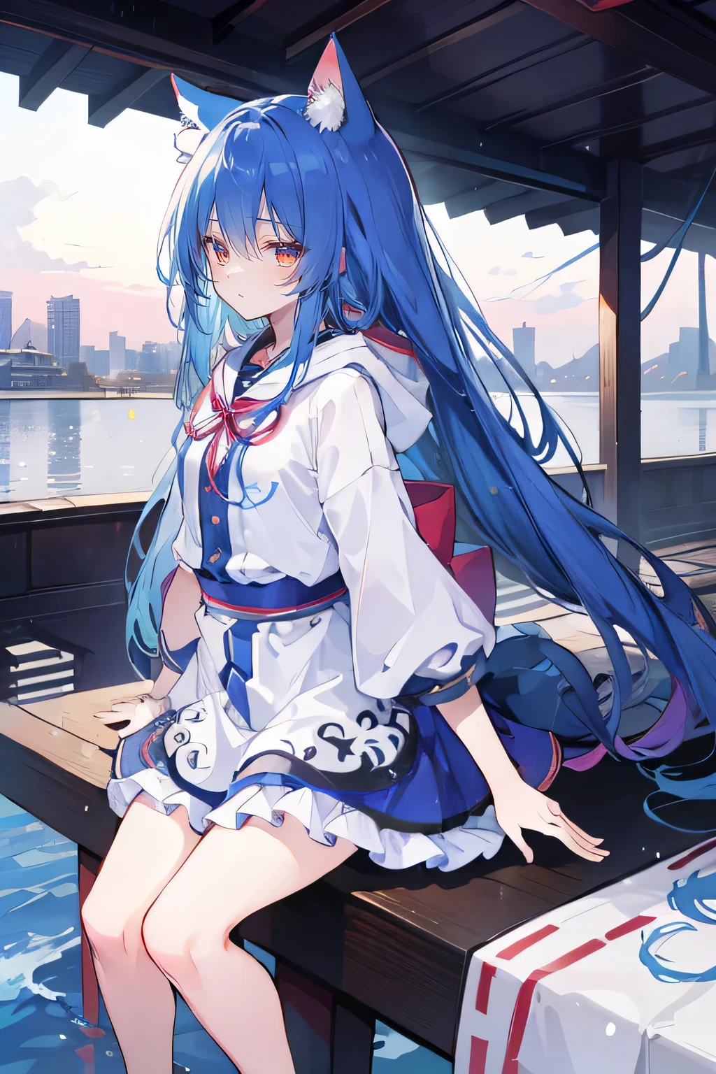 (masterpiece:1.2),Super detailed,lifelike,Expressive eyes,fair skin,perfect face shape,1 girl,
Japanese comics,Gorgeous blue hair,flowing blue hair,flowing clothes,Cat ears,Petals fall,beautiful lola,Baby Angel,sunrise,
Shaking head with one hand,Cross your legs,Gentle and peaceful background,The pavilion is cool and comfortable,smile, wearing hoodie, background of tokyo,back views,snowing, winter,seaside,wet clothes,A smile,A faint smile,。