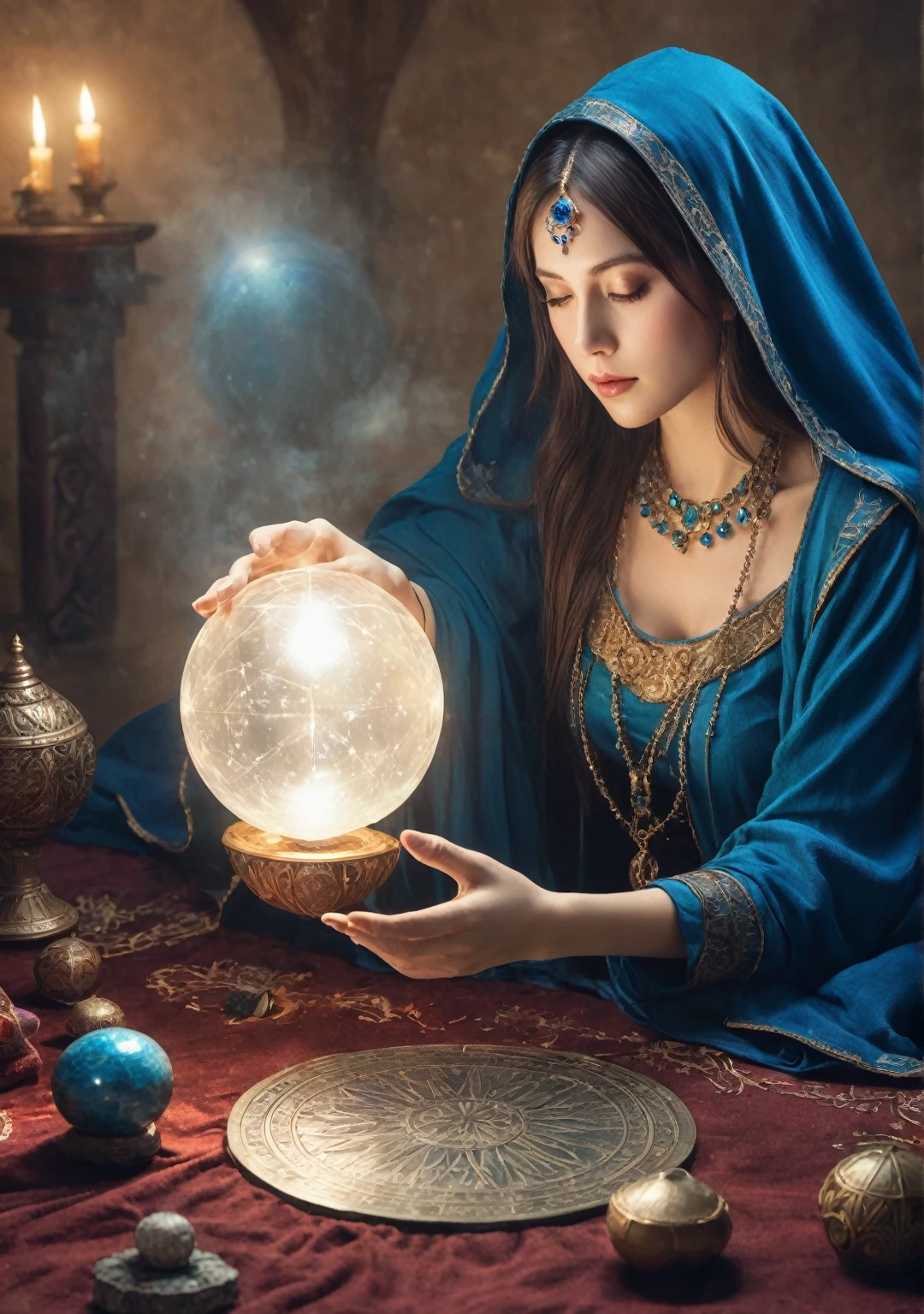 body direction: front.Female fortune teller. Attractive, beautiful and mysterious. She wears a blue cloak and has distinct features. The atmosphere is bright and sparkling, full of anxiety and anticipation. A fortune teller is standing there. The body is facing forward. he is looking at you He holds a crystal ball in his right hand. The lighting in the room is bright, creating a magical atmosphere. Best picture quality, 4k or 8k resolution. The level of detail is very detailed and realistic, close to photorealism. Artistic style should reflect an official aesthetic with bright colors and strong contrasts. The color palette should emphasize the mystical and mystical theme of the work. The fortune teller's cloak is decorated with metal edging with a thickness ratio of 1.5 and intricate designs. The overall atmosphere is magical, like a starry sky. The expression on the fortune teller's face should arouse mystical interest.