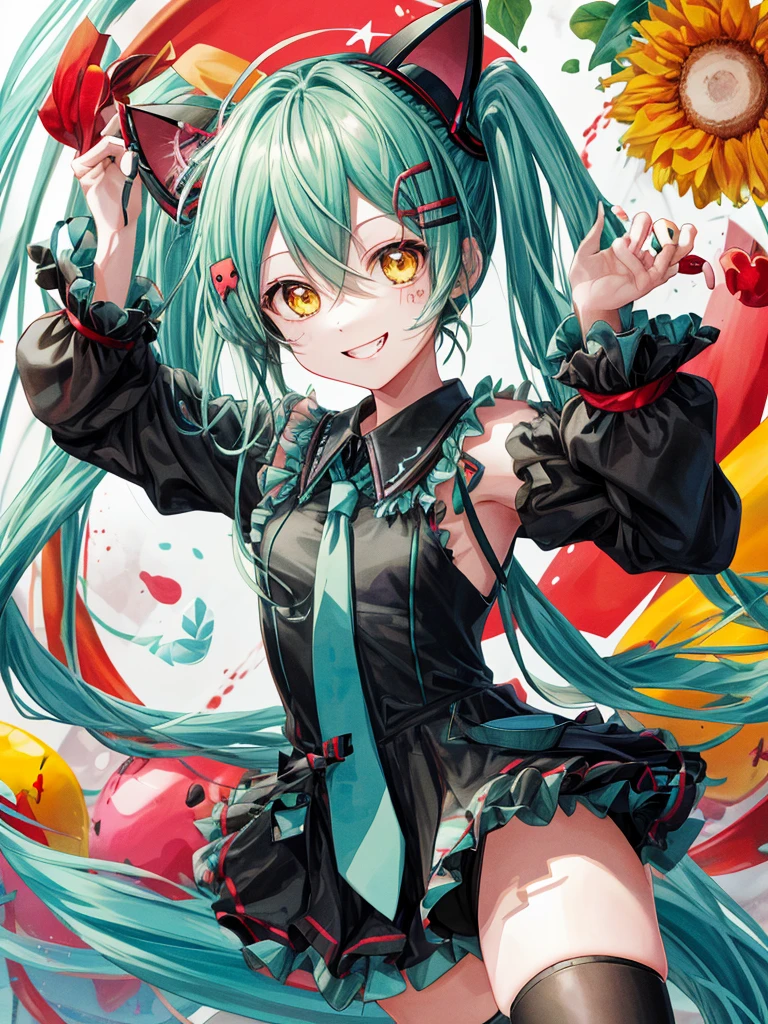 hatsune miku, veey cute, blood, smiling, devil, cat ears, yellow eyes