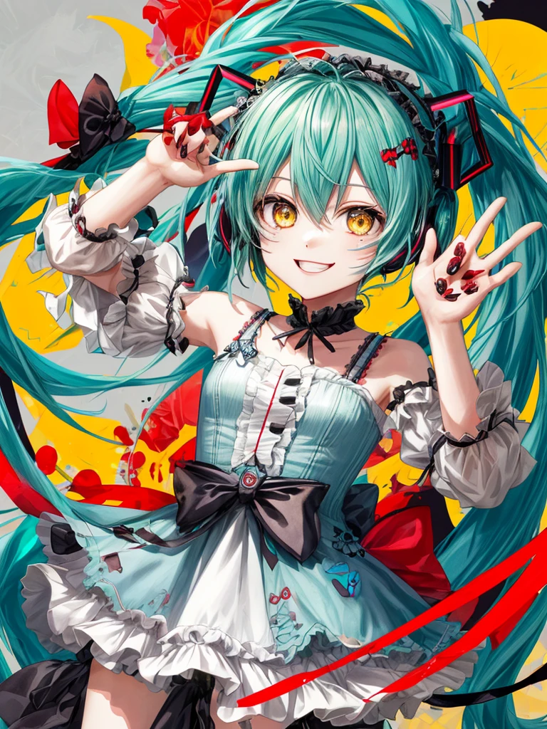 hatsune miku, veey cute, blood, smiling, devil, cat ears, yellow eyes