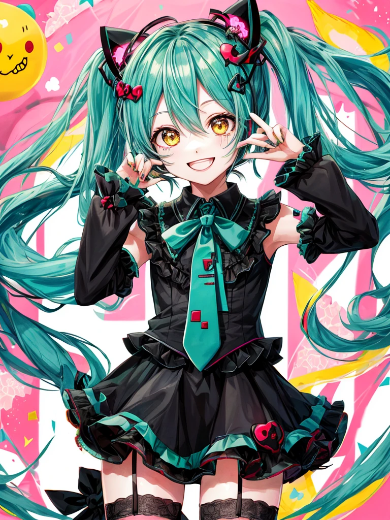 hatsune miku, veey cute, blood, smiling, devil, cat ears, yellow eyes