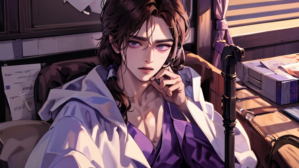 Best quality, brown hair, Long hair, eyes covered with blindfold, purple robes, pipe smoke