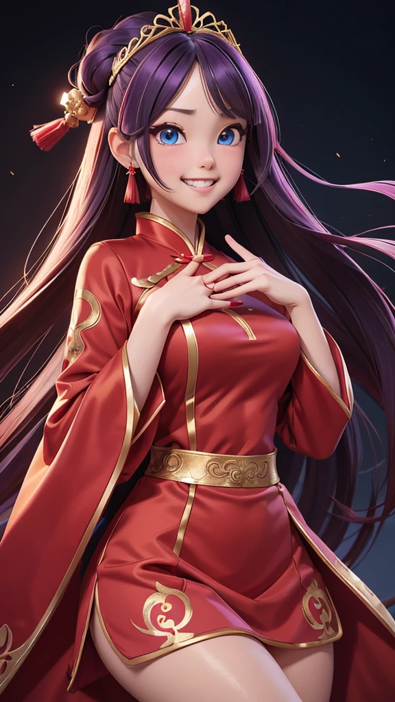 masterpiece,8k high quality detailed,highres,anime,illustration \(artbook\),photo \(female\),
Yui(hoodier),ahoge,long hair,purple hair,floating hair,hair intakes,hairclip,hair ornament,sidelocks,hair between eyes,bangs,blue eyes,medium breasts,detailed_face,(Grin),(Red and gold dress,tiara,Cosmetic,(forehead dot),chinese_clothes,hanfu,jewelry,red nails,long_sleeves,red dress,tassel,(red:1.2)),(((Blowing a kiss))),
(realistic clothing texture,realistic_skin_texture),solo,   