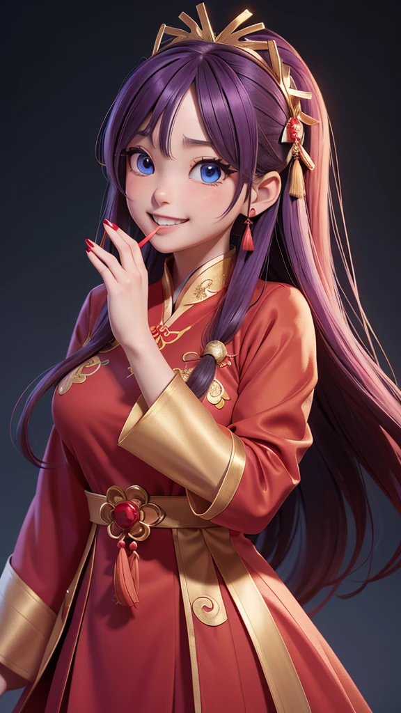 masterpiece,8k high quality detailed,highres,anime,illustration \(artbook\),photo \(female\),
Yui(hoodier),ahoge,long hair,purple hair,floating hair,hair intakes,hairclip,hair ornament,sidelocks,hair between eyes,bangs,blue eyes,medium breasts,detailed_face,(Grin),(Red and gold dress,tiara,Cosmetic,(forehead dot),chinese_clothes,hanfu,jewelry,red nails,long_sleeves,red dress,tassel,(red:1.2)),(((Blowing a kiss))),
(realistic clothing texture,realistic_skin_texture),solo,   