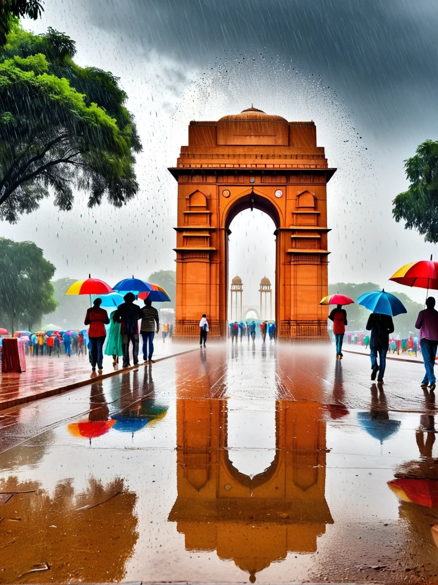 A vivid depiction of the majestic India Gate located in Jaipur, Rain is pouring down, creating puddles on the surrounding sandy ground, The imposing structure stands strong amidst the showers, its intricate details shining wet under the overcast sky, Pedestrians with colorful umbrellas scatter the scene, seeking shelter but also admiring the captivating view