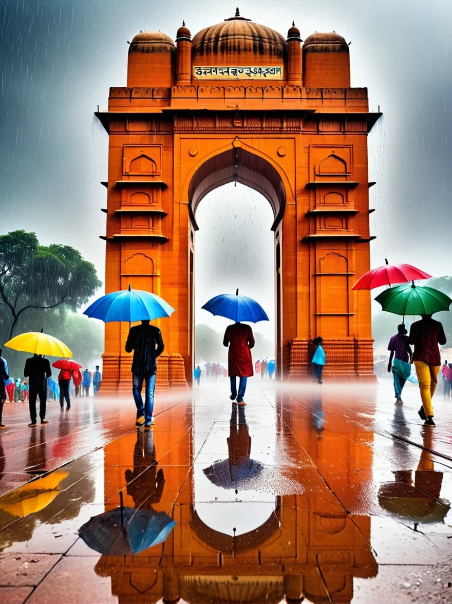 A vivid depiction of the majestic India Gate located in Jaipur, Rain is pouring down, creating puddles on the surrounding sandy ground, The imposing structure stands strong amidst the showers, its intricate details shining wet under the overcast sky, Pedestrians with colorful umbrellas scatter the scene, seeking shelter but also admiring the captivating view