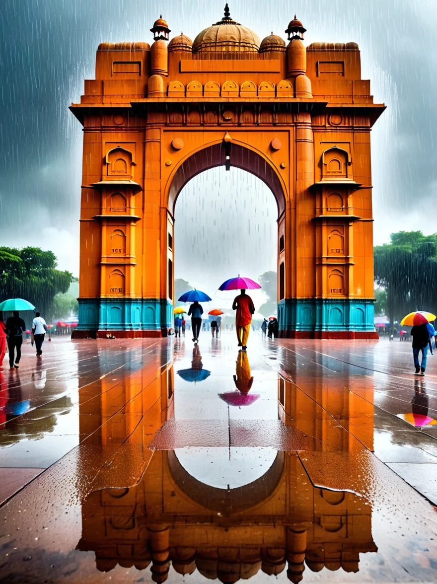 A vivid depiction of the majestic India Gate located in Jaipur, Rain is pouring down, creating puddles on the surrounding sandy ground, The imposing structure stands strong amidst the showers, its intricate details shining wet under the overcast sky, Pedestrians with colorful umbrellas scatter the scene, seeking shelter but also admiring the captivating view