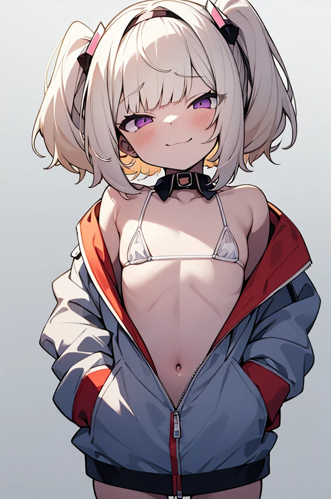 ((white simple background)), front view, standing, full body, hand on own ass, (((white micro bikini))), (((front view))), (nsfw), ((nude)) ,(((flat chest))),,(((li))),, half closed eyes, mesugaki ,(1 girl),anime,((best quality face)),(pale skin) ((plain white background)),((short twintail hair)) blunt bangs, purple eyes, (blonde hair) , (10yo), / kawaii, perfect lighting