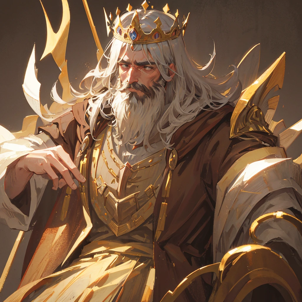 A medieval king，male，Beard，mighty，Wearing a crown，Brown Tone，((Plain brown background))