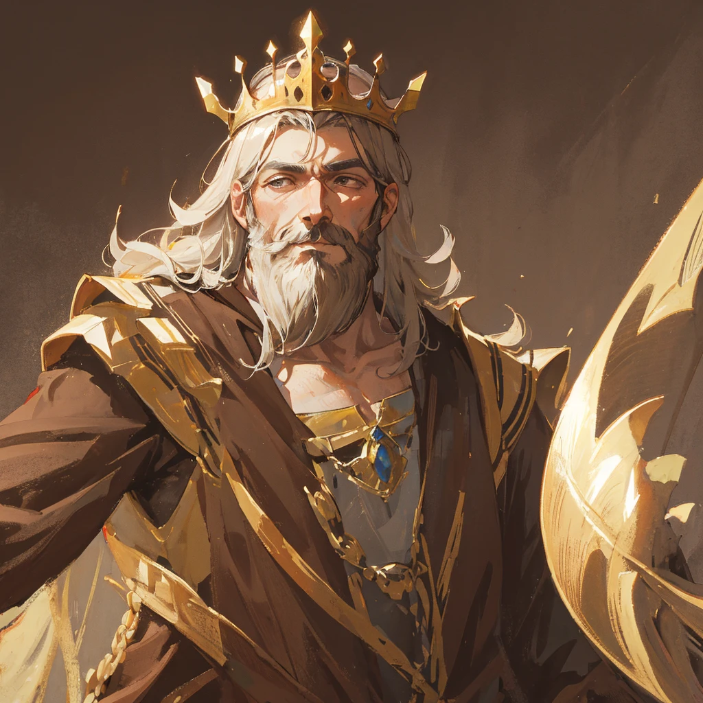 A medieval king,male,Beard,mighty,Wearing a crown,Brown Tone,((Plain brown background))