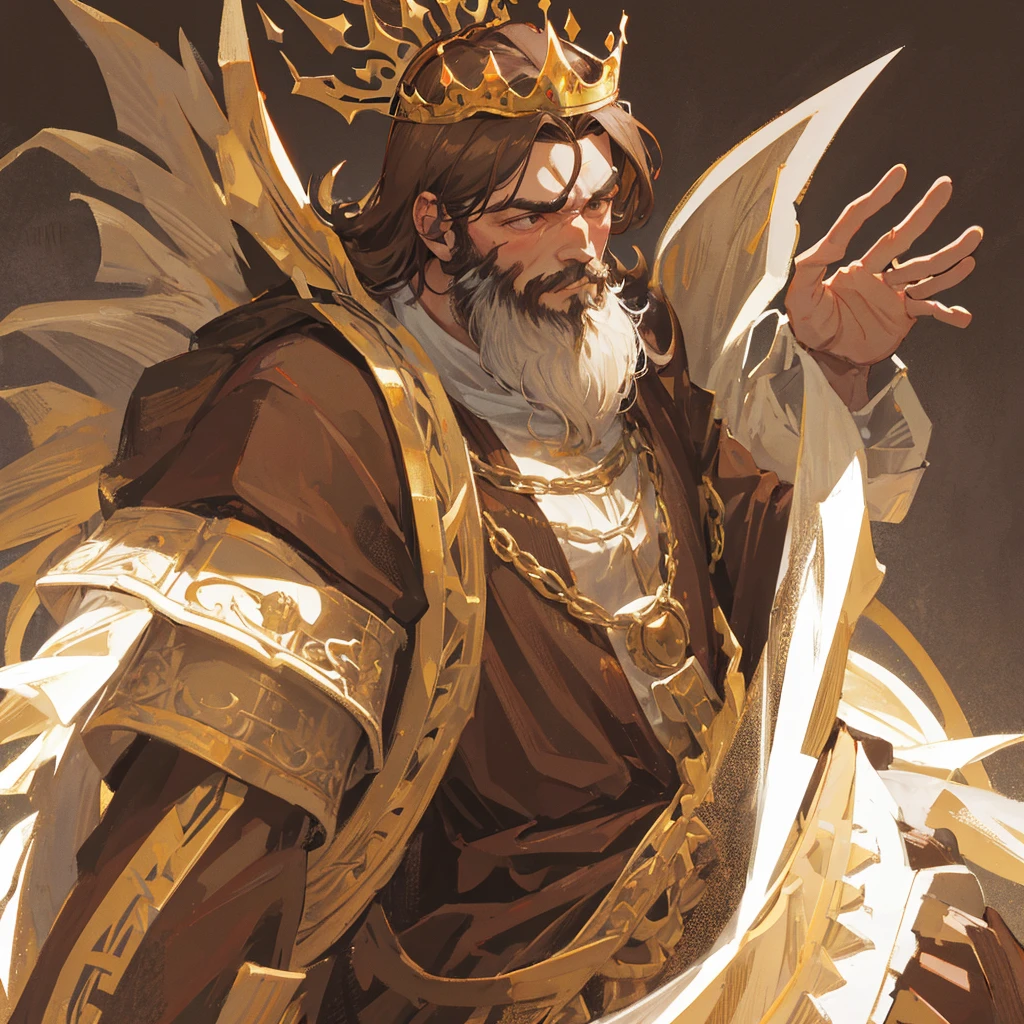 A medieval king,male,Beard,mighty,Wearing a crown,Brown Tone,((Plain brown background))