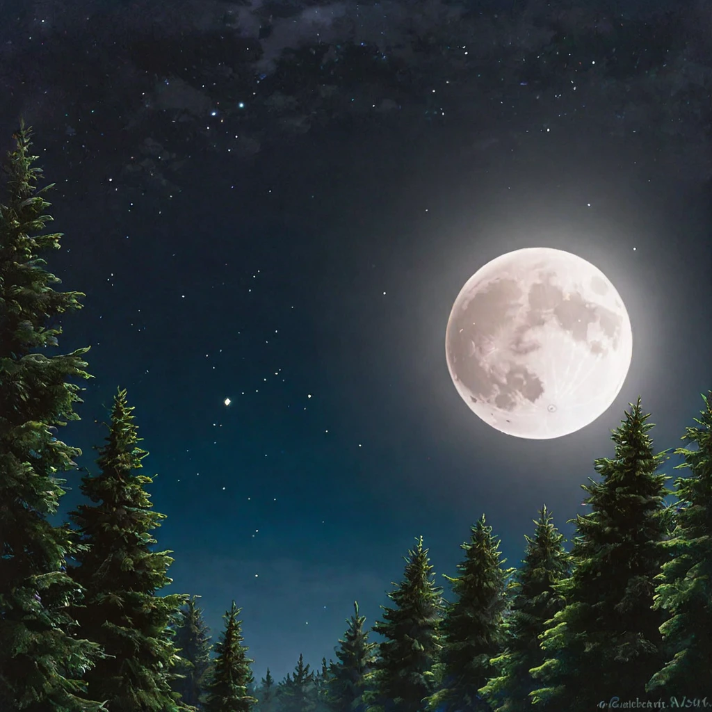 Strawberry Moon, large display in upper half, dark forest in lower half, star-filled sky