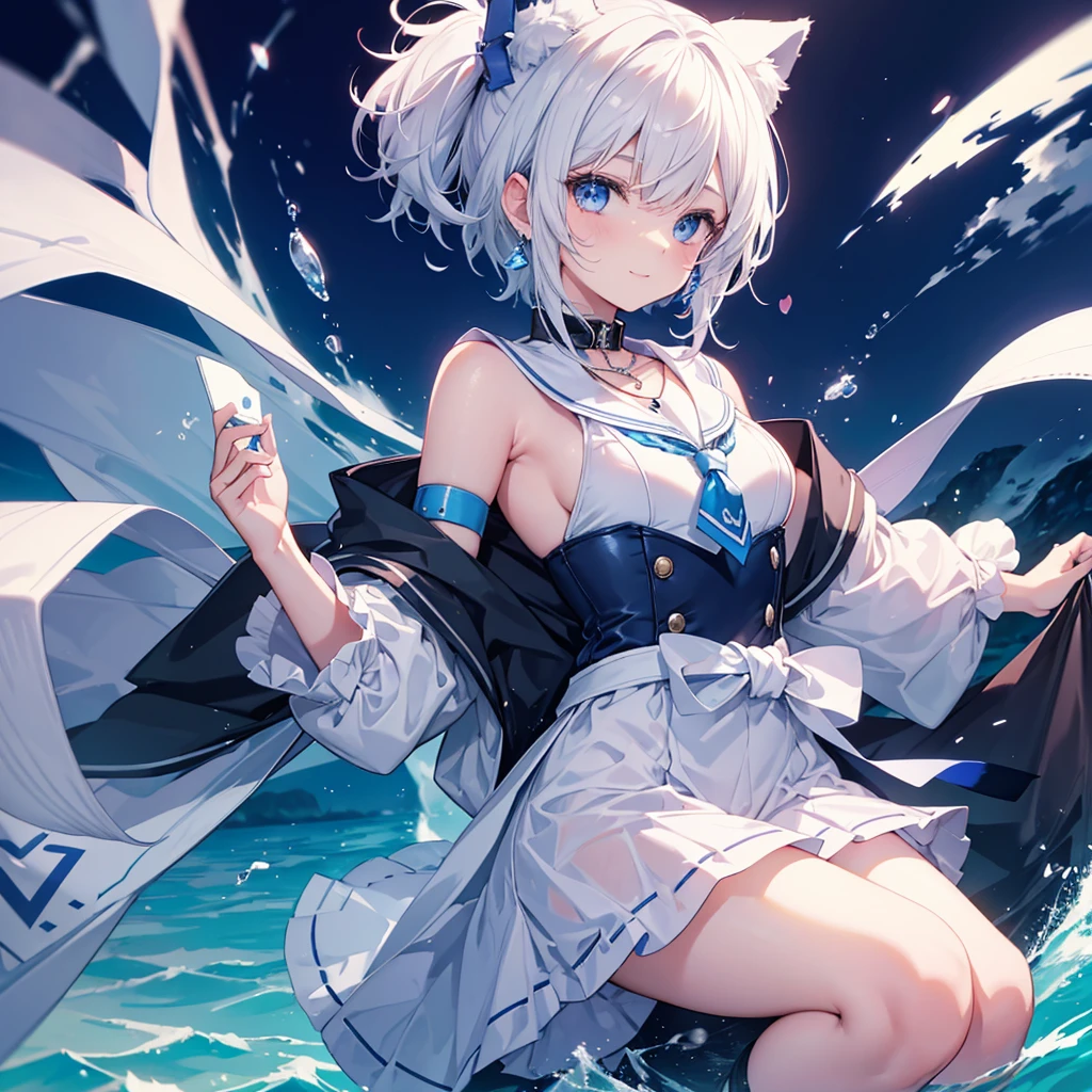 White Hair　blue eyes　short hair　Have　student　Cat ear　nice　Blue Earrings　necklace　gloves　beauty　thin　Sailor suit　Put on a black coat　Fantasy　smile　coastal　sunset　Fluffy hair
