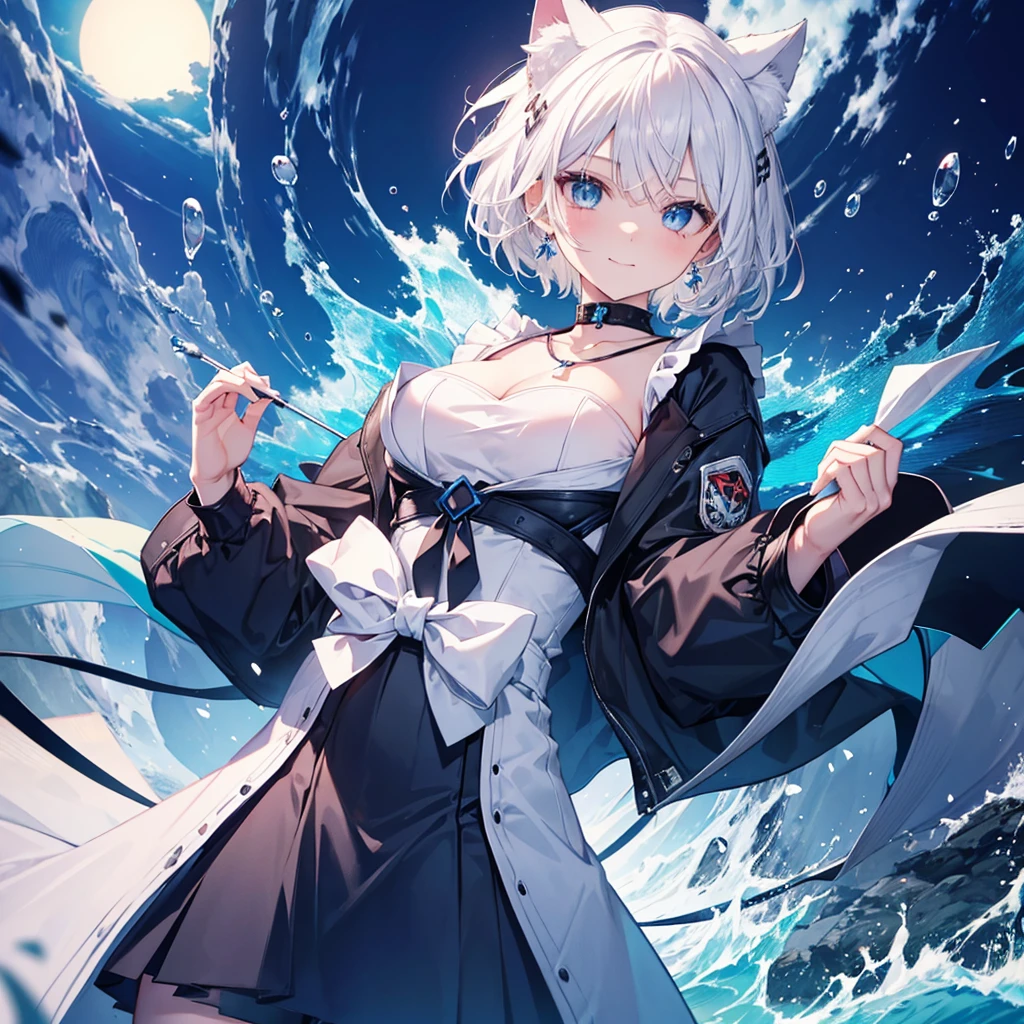 White Hair　blue eyes　short hair　Have　student　Cat ear　nice　Blue Earrings　necklace　gloves　beauty　thin　Sailor suit　Put on a black coat　Fantasy　smile　coastal　sunset　Fluffy hair