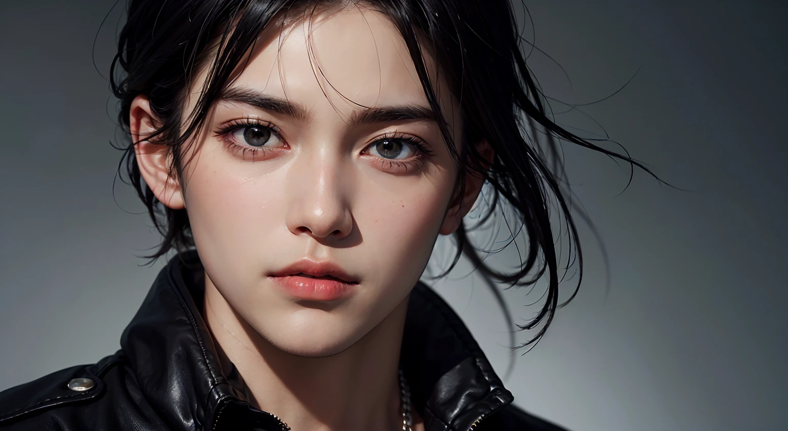 there is a young man, with black hair, Stare to the side, With a gloomy air, masterpiece, best quality, actual, 1 person, male focus, Handsome, [thick eyebrows], portrait, extremely detailed face, black hair, (short hair)