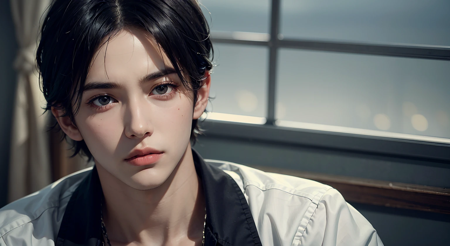 there is a young man, with black hair, Stare to the side, With a gloomy air, masterpiece, best quality, actual, 1 person, male focus, Handsome, [thick eyebrows], portrait, extremely detailed face, black hair, (short hair)
