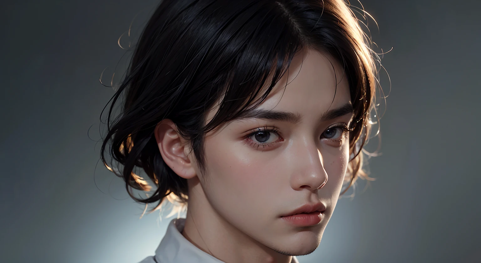 there is a young man, with black hair, Stare to the side, With a gloomy air, masterpiece, best quality, actual, 1 person, male focus, Handsome, [thick eyebrows], portrait, extremely detailed face, black hair, (short hair)