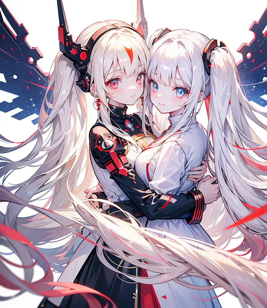 Two girls, one with beige hair and very red eyes, the other with white hair and blue eyes, twin tails, long hair, white background, colorful jewels, light, high quality, hands together, one hugging from behind, smiling ,mecha musume, Colorful portraits 