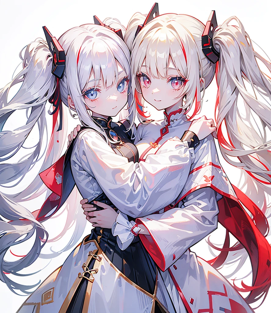 Two girls, one with beige hair and very red eyes, the other with white hair and blue eyes, twin tails, long hair, white background, colorful jewels, light, high quality, hands together, one hugging from behind, smiling ,mecha musume, Colorful portraits