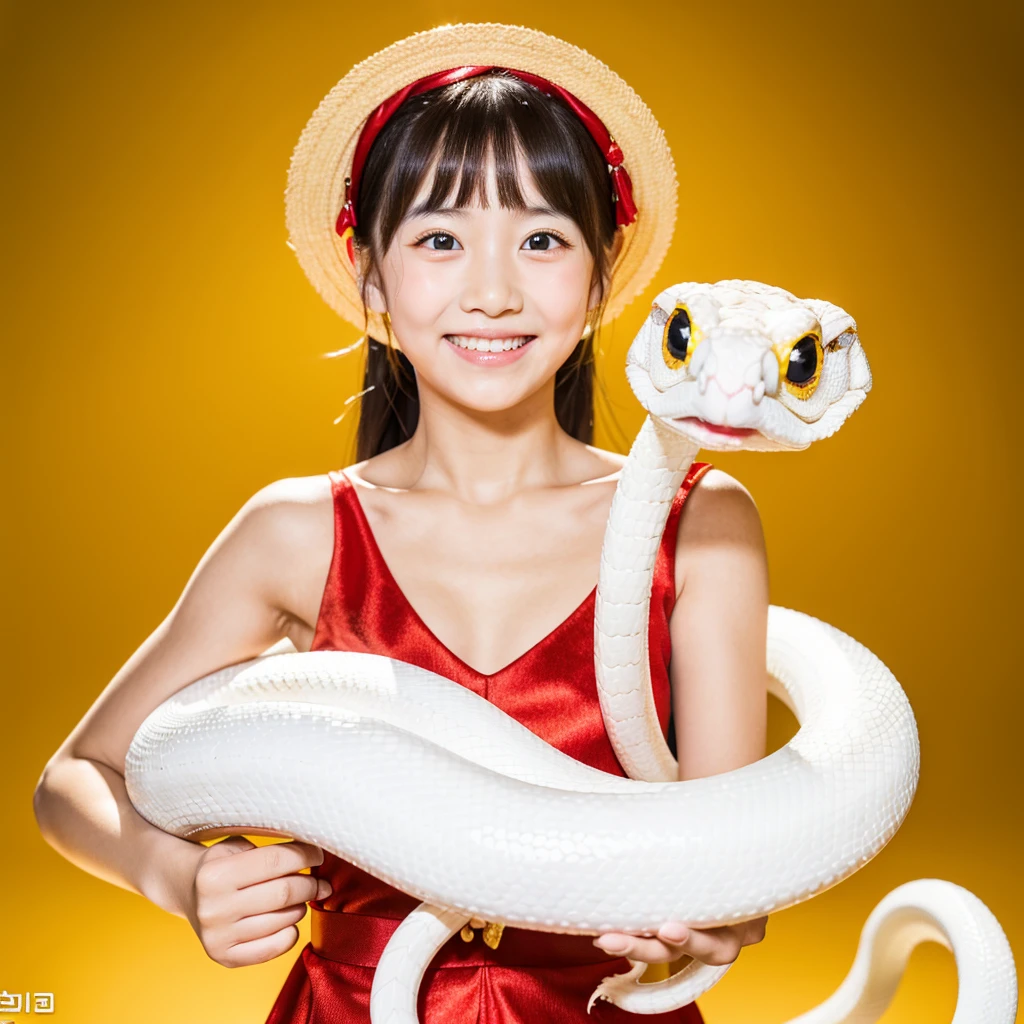  Looking straight ahead and smiling, Holding a large white snake in both hands, Ultra HD、128ｋ、Masterpiece、A kindergarten girl、 clavicle, RAW Photo、A girl with big eyes wearing light red clothing、Long face, Professional Lighting、Japanese anime style,