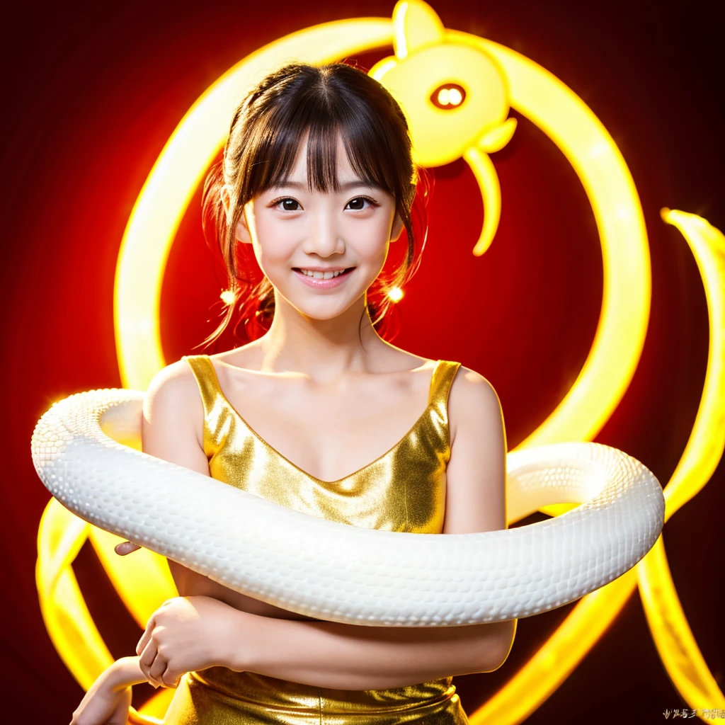  Looking straight ahead and smiling, Holding a large white snake in both hands, Gold Background, Ultra HD、128ｋ、Masterpiece、A kindergarten girl、Five-year-olds,  clavicle, RAW Photo、Big-eyed girl in a red dress、Long face, Professional Lighting、Japanese anime style,