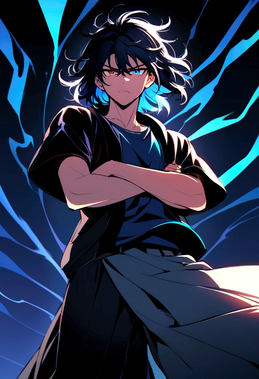 boy, Messy hair, Medium length hair, black hair with blue highlights, dark brown and blue eyes heterochromia, serious face, dark blue shirt short-sleeved loose jacket, black and very wide pants, red and black sneakers, crossed arms