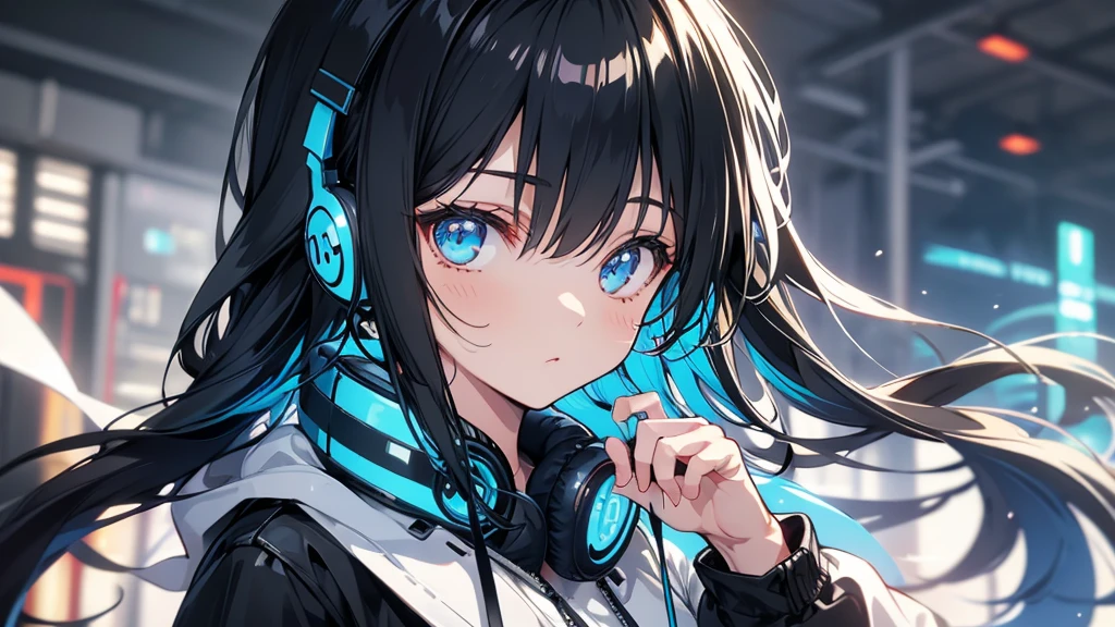 Girl wearing headphones。Black Hair。